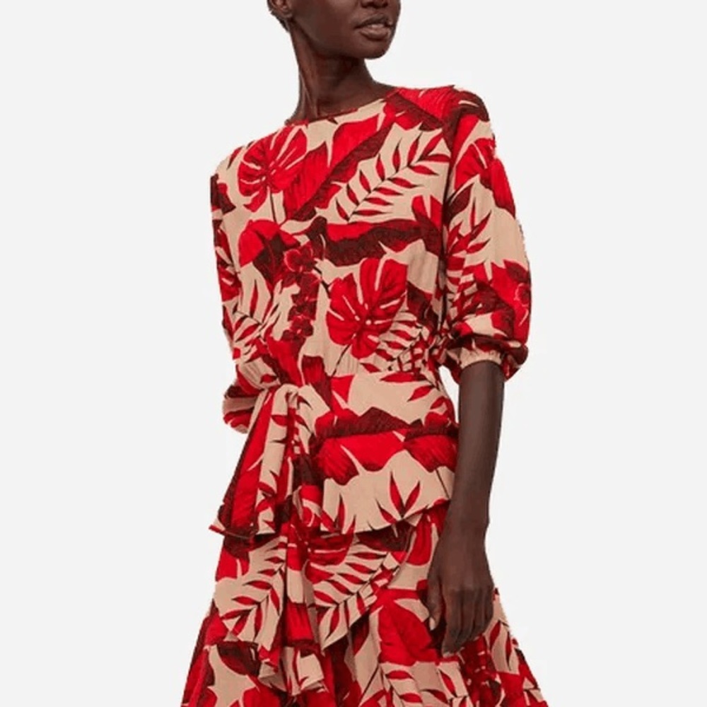 Johanna Ortiz Red & Beige Tropical Leaf Long-Sleeve Tie-Waist Dress